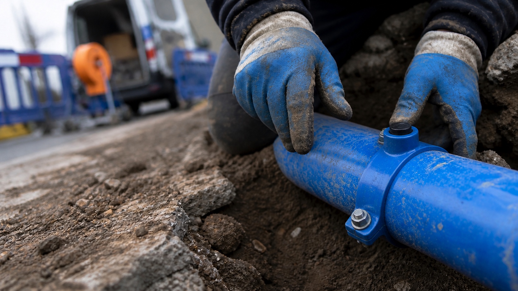 Gloved hands inspecting a capped tapping saddle on a blue water pipe